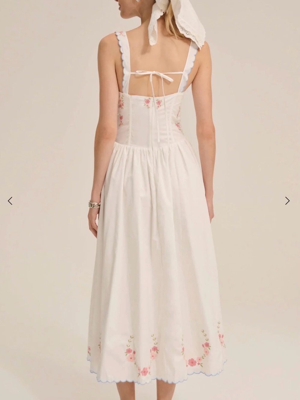 For Love & Lemons Tea Time White Midi Dress with Pink Floral Embroidery - Picture 3 of 15